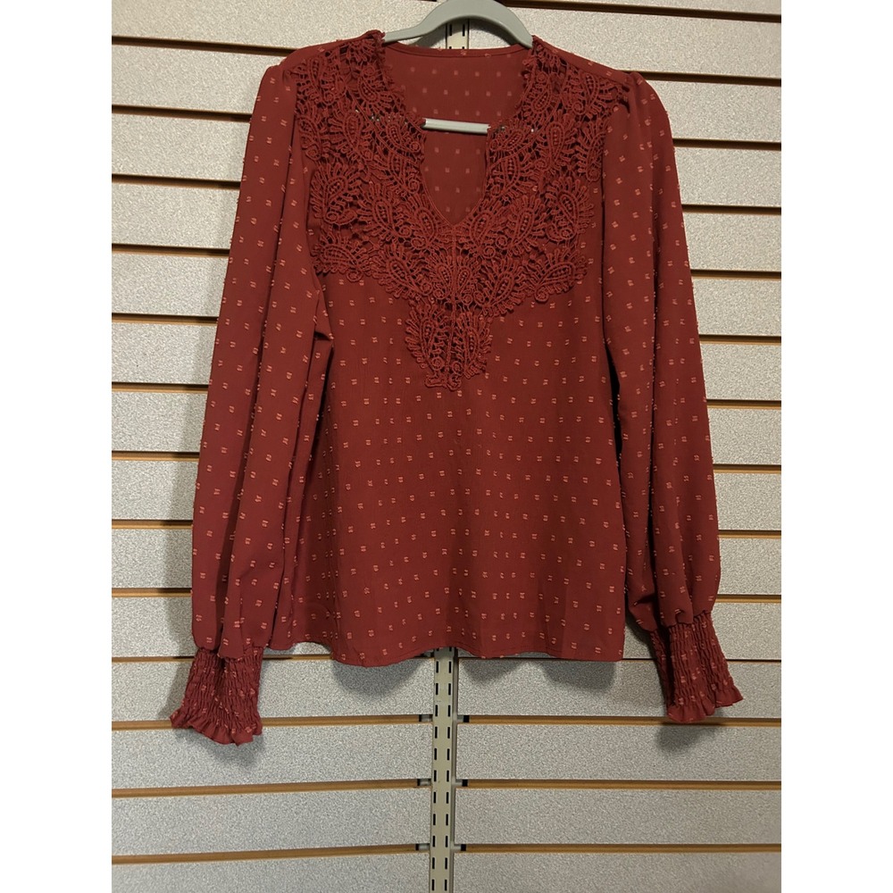Womens Rust Swiss Dot Crochet Lace V-Neck Blouse XL Smocked Balloon Sleeve Top